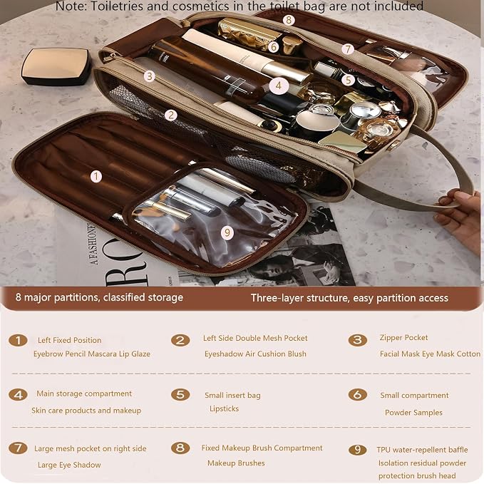 Travel Toiletry Bag for Women PU Leather Triple-layer Double Zipper Toiletry - Image 4