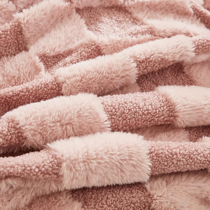 PU MEI Luxury Faux Fur Rabbit Fur Throw Blanket Pink 90"x80", Plush Reversible - Image 6