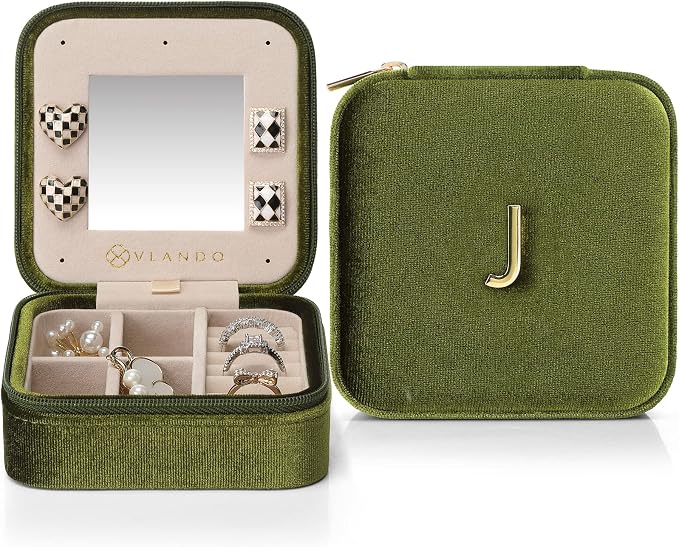 Vlando Plush Velvet Travel Jewelry Case, Personalized Initial Jewelry Boxes by VLANDO