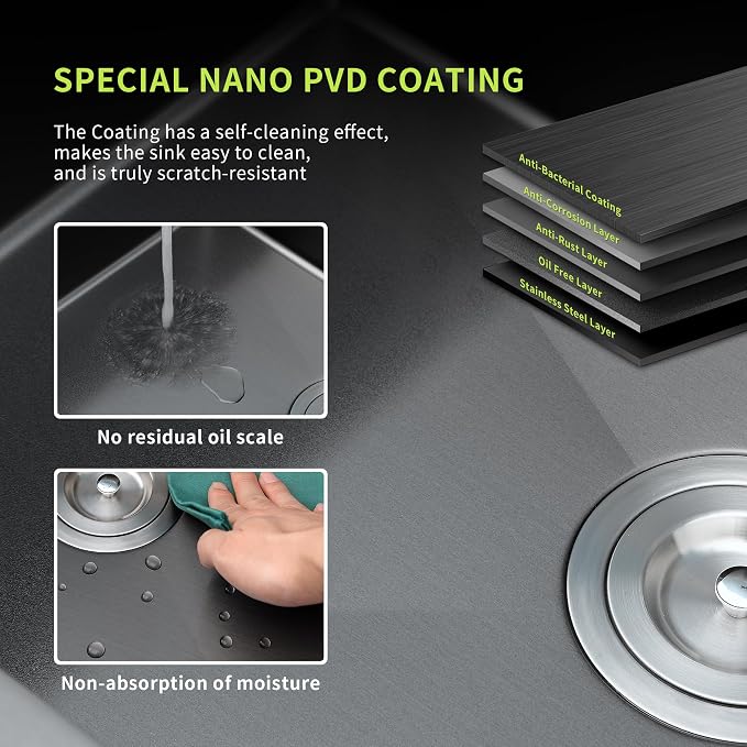 Black Kitchen Sink Drop-In 25 x 18 inch, SINKVINE PVD Nano Stainless Steel - Image 6