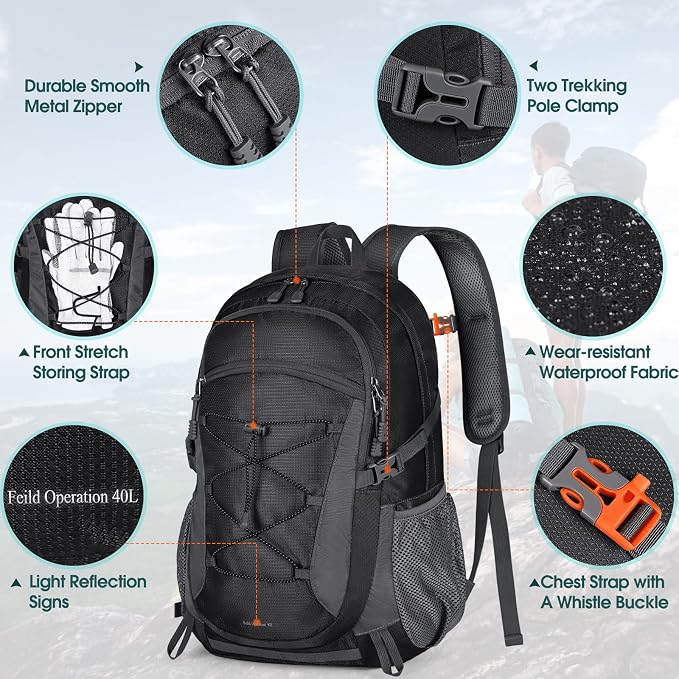 RAINSMORE Hiking Backpack 40L Waterproof Camping Backpack Lightweight Packable - Image 2