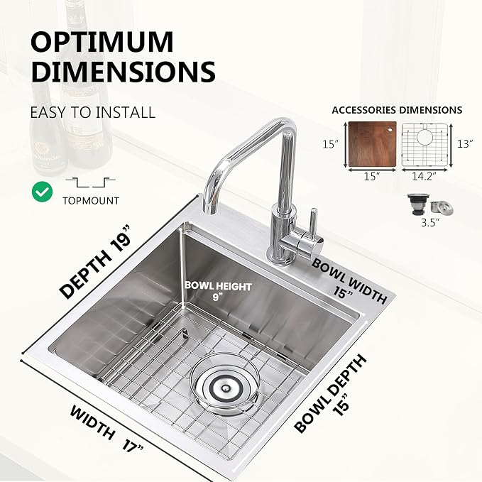 COMLLEN 17x19 Inch Drop in Bar Sink, Outdoor Sink 304 Stainless Steel Kitchen - Image 5