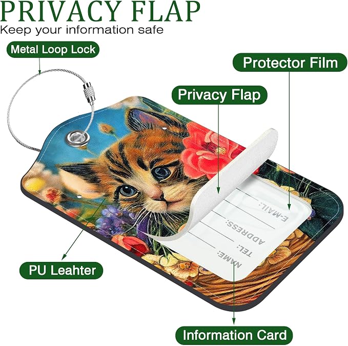 2 PCS Leather Luggage Tags for Suitcase Beautiful Cat Flowers Travel Luggage Tag - Image 3