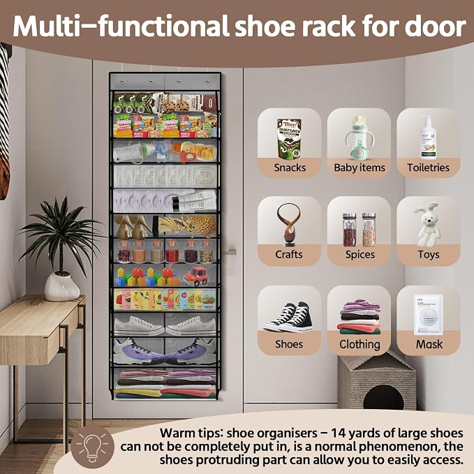 12 Pocket Over the Door Shoe Organizer, Reusable Breathable Large Mesh Bag - Image 6