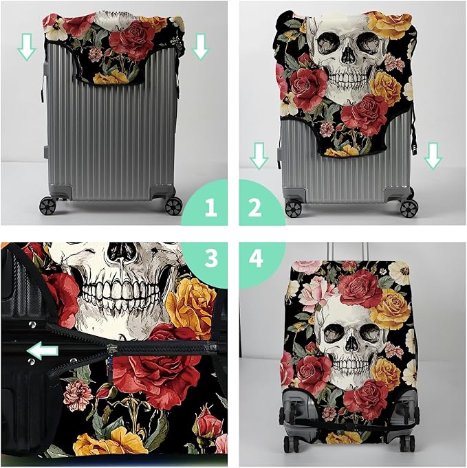 Luggage Cover Suitcase Protector Plus 1 Luggage Tag, Sugar Rose Skull Travel - Image 7