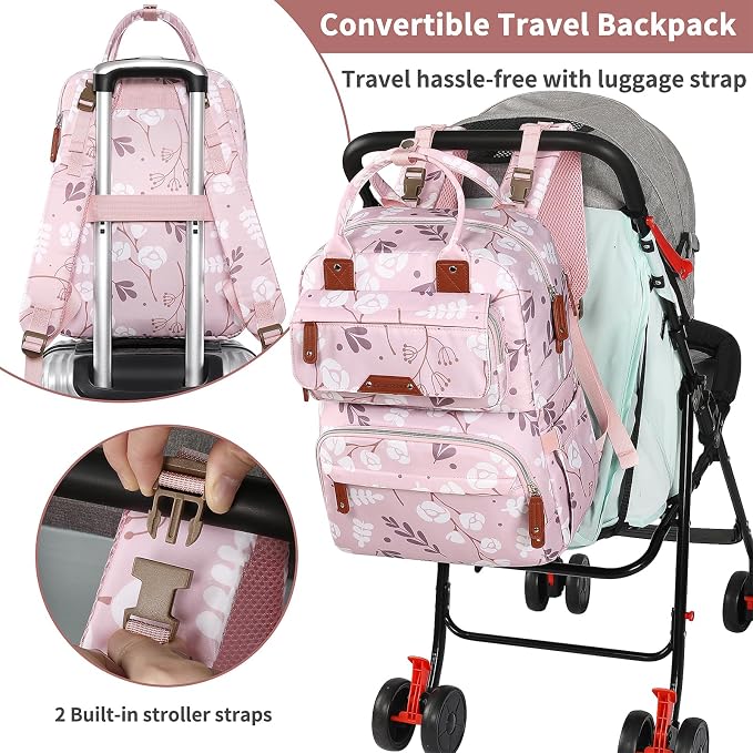 Diaper Bag Backpack for Baby Girl, Large Pink Floral Baby Diaper Bags, Baby - Image 5