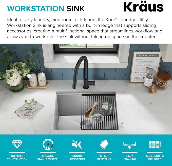 KRAUS Kore 23-Inch Undermount Workstation Single Bowl 16 Gauge Deep Laundry - Image 3