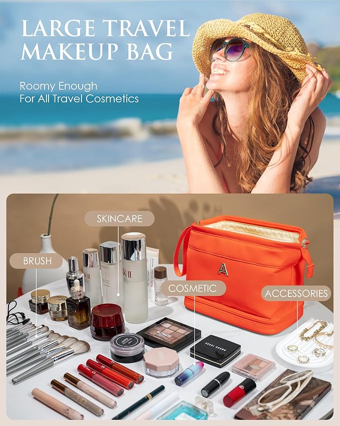 Gifts for Her - Initial Large Makeup Bags, Personalized Double Layer Cosmetic - Image 2