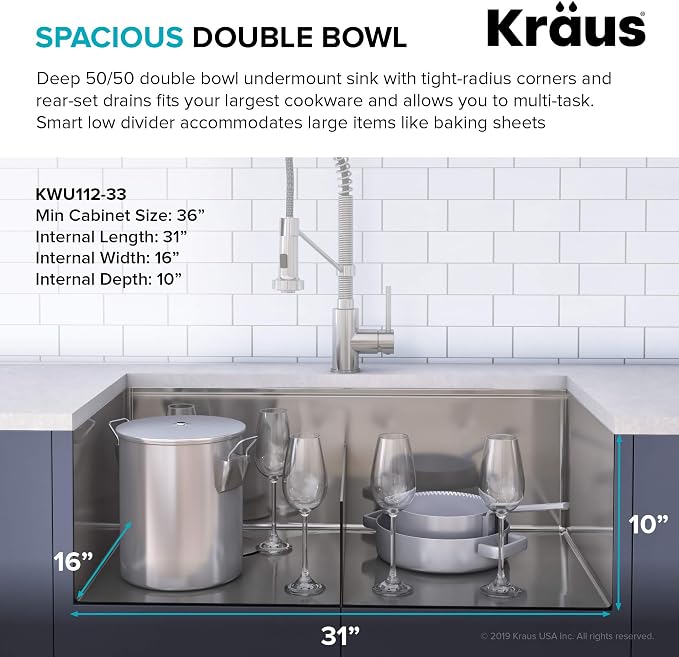 KRAUS Kore™ Workstation 33-inch Undermount 16 Gauge Double Bowl Stainless Steel - Image 3