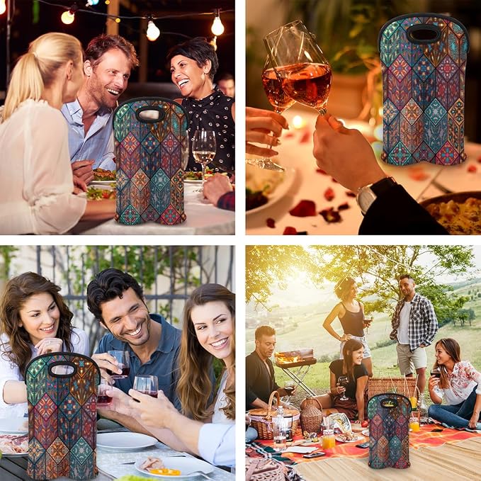 Square Mandala 2 Bottle Wine Carrier Tote Bag Insulated Wine Bottles Neoprene - Image 7