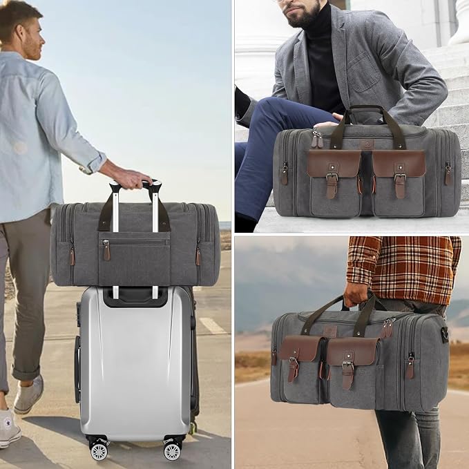 Canvas Duffle Bag for Men 50L Travel Duffel Bags Expandable Genuine Leather - Image 8