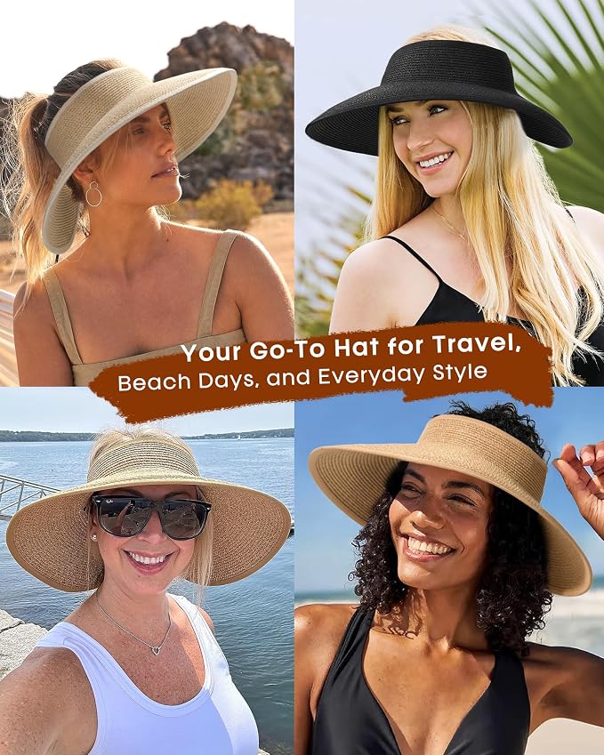 Womens Sun Visor Hats Wide Brim Straw Beach Hat UV Protection Ponytail Packable - Image 6