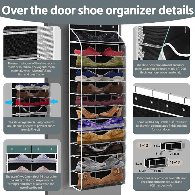 12 Pocket Over the Door Shoe Organizer, Reusable Breathable Large Mesh Bag - Image 2