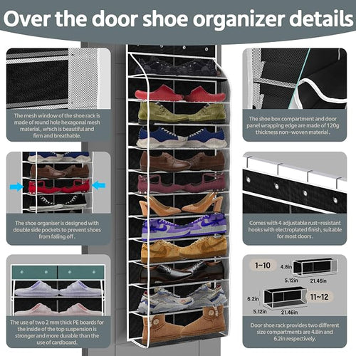 12 Pocket Over the Door Shoe Organizer, Reusable Breathable Large Mesh Bag - Image 2