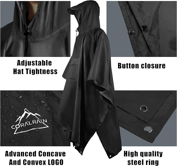 Coralrain Hooded Rain Poncho Lightweight Waterproof Unisex Raincoat Jacket - Image 3