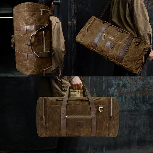 60L Travel Bags for Men, Nomad Washed Canvas Duffle Bag Vintage Genuine Leather - Image 2