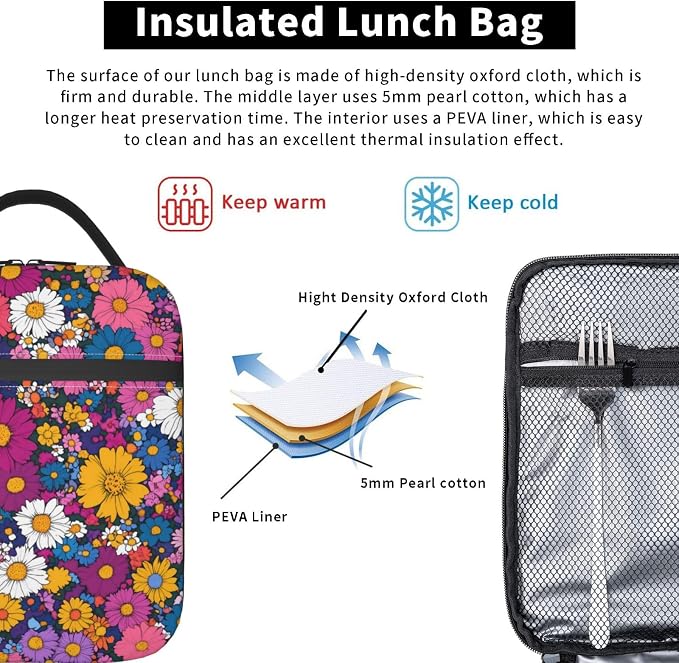 Floral Insulated Lunch Box for Women Men Floral Lunch Bag for Travel, or - Image 5