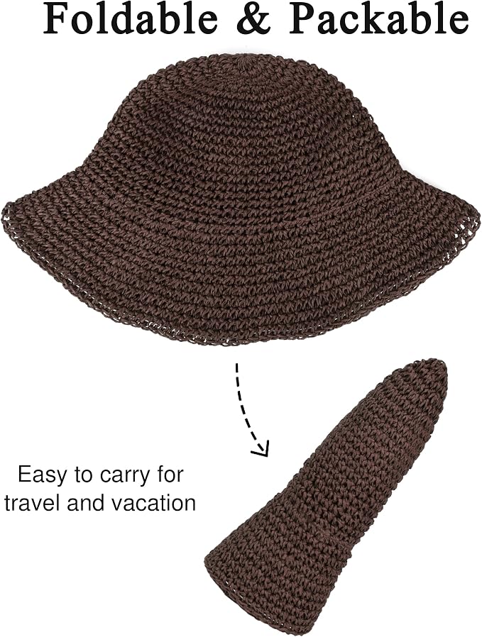 Womens Wide Brim Straw Sun Hat Foldable Floppy Crochet Beach Hat - Image 6