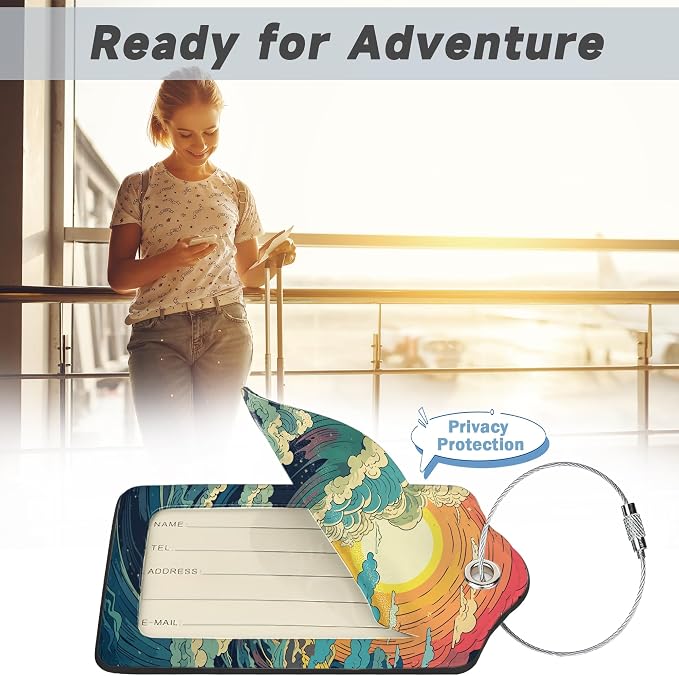 2 Pack Luggage Tag for Suitcase, Waves Sunrise Leather Bag Tags Identifiers - Image 5
