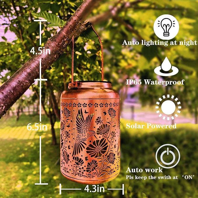 Solar Lights Outdoor Waterproof, Hummingbird Hanging Lantern, Metal Garden - Image 4