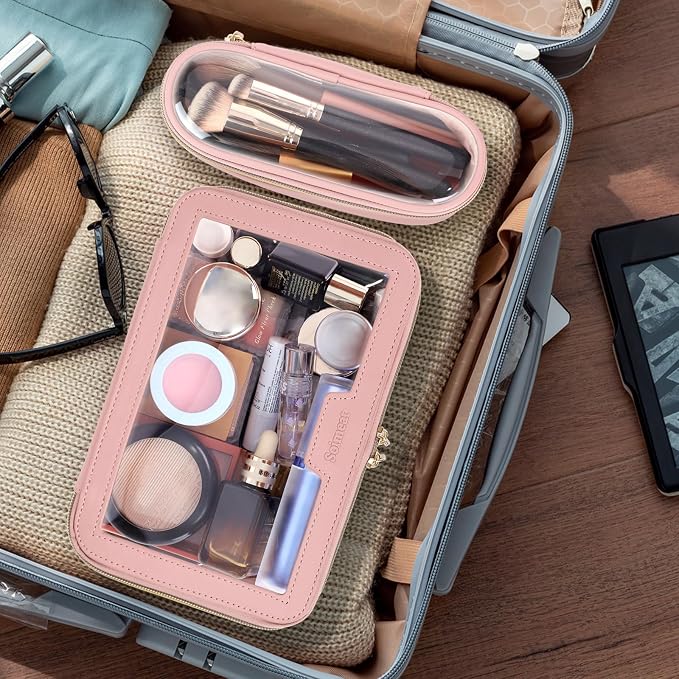 Travel Clear Makeup Bag with Makeup Brush Bag, Leather Makeup Case Toiletry Bag - Image 3