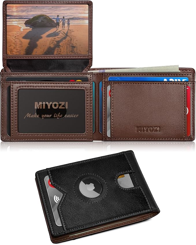 Airtag Wallet for Men, with Cash Pocket 2 ID Window 13 Cards, Slim Leather by Miyozi
