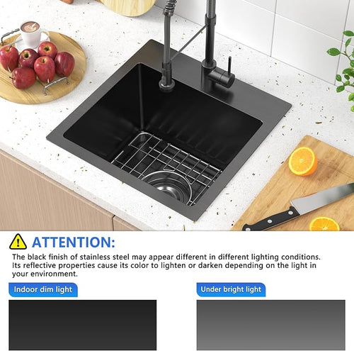 15 x 15 inch Drop in Bar Sink Black, Gunmetal Black Bar Sink 18 Gague Topmount - Image 2