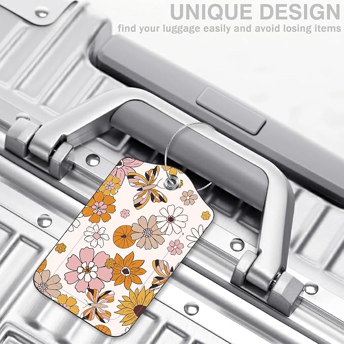 2 Pack Luggage Tags for Suitcases Retro Groovy Flowers and Butterfly Leather - Image 5