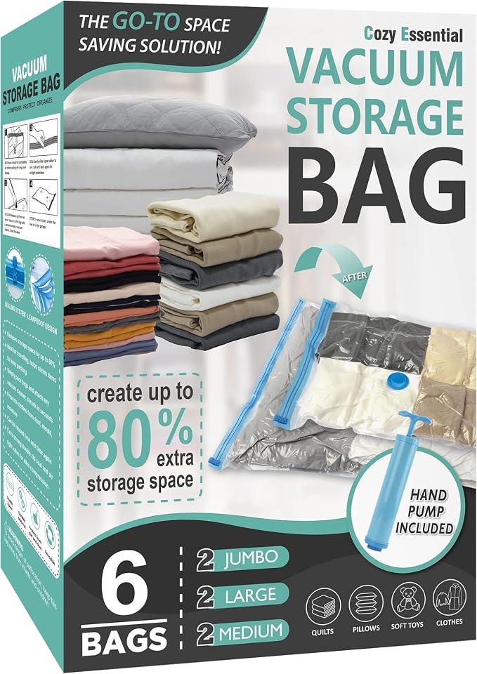 6 Pack Vacuum Storage Bags, Space Saver Bags Compression Storage Bags by CozyEssential