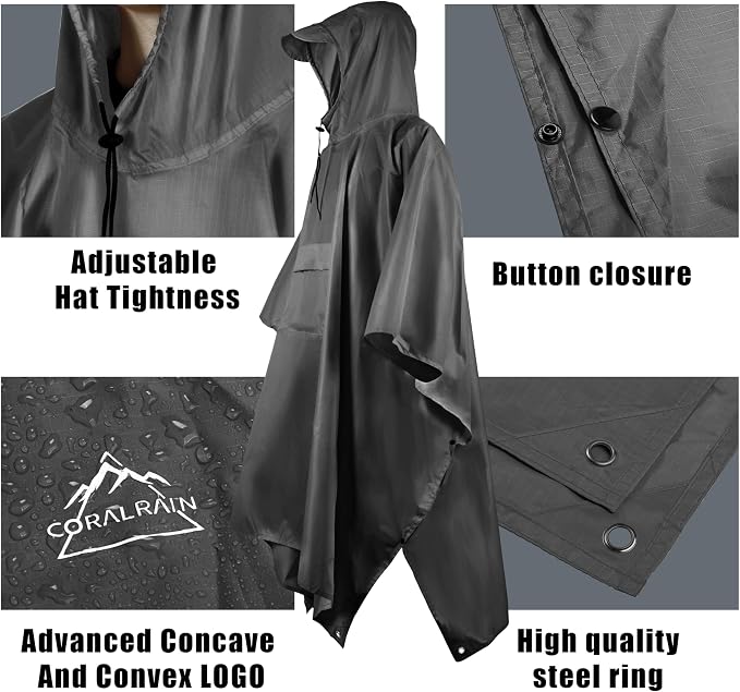 Coralrain Hooded Rain Poncho Lightweight Waterproof Unisex Raincoat Jacket - Image 3
