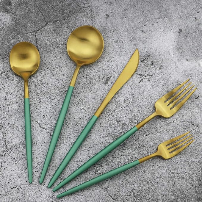 Green Handle Matte Gold Silverware, Gugrida 5-Piece 18/10 Stainless Steel - Image 6
