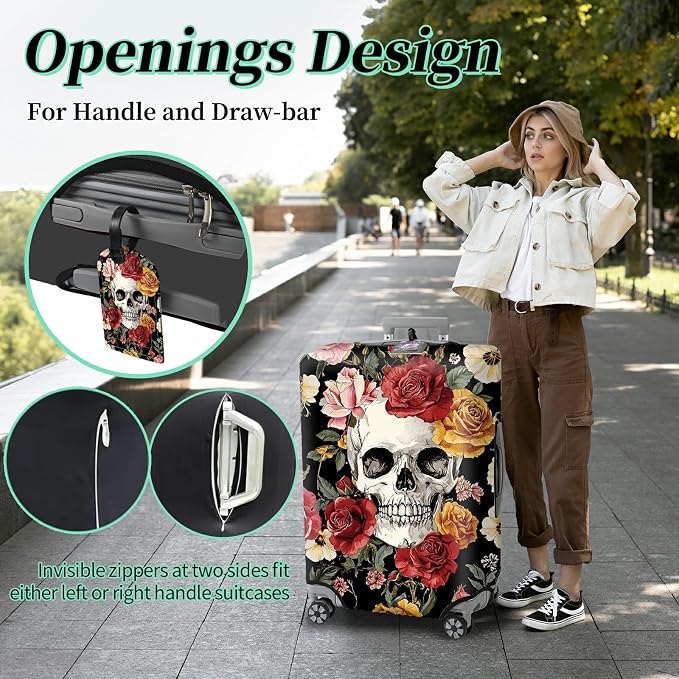 Luggage Cover Suitcase Protector Plus 1 Luggage Tag, Sugar Rose Skull Travel - Image 4