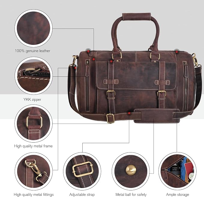 Genuine Leather Duffle Bag for Men | Vintage Weekender Travel Bag | Overnight - Image 5