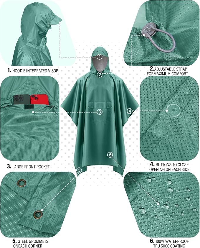 iCreek Hooded Rain Poncho with Pocket Waterproof Lightweight Unisex Raincoat - Image 5