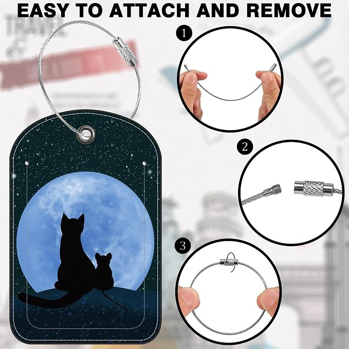 2 Pack Luggage Tag for Suitcase Cat Under The Moon Leather Suitcase Tags - Image 4