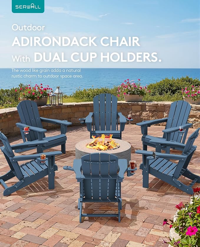 SERWALL Folding Adirondack Chair, Dual Cup Holders & All-Weather HDPE, - Image 9