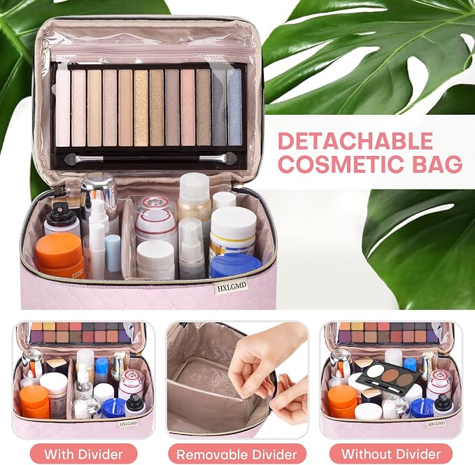 Large Makeup Bag with Mirror Double Layer Travel Make Up Organizer Case - Image 3
