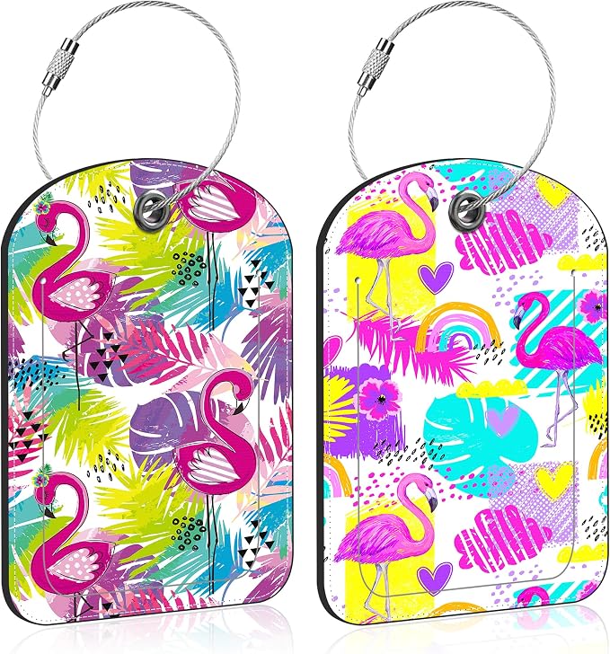 2 PCS Leather Luggage Tag for Suitcase Tropical Leaf and Flamingo Travel by Unknown