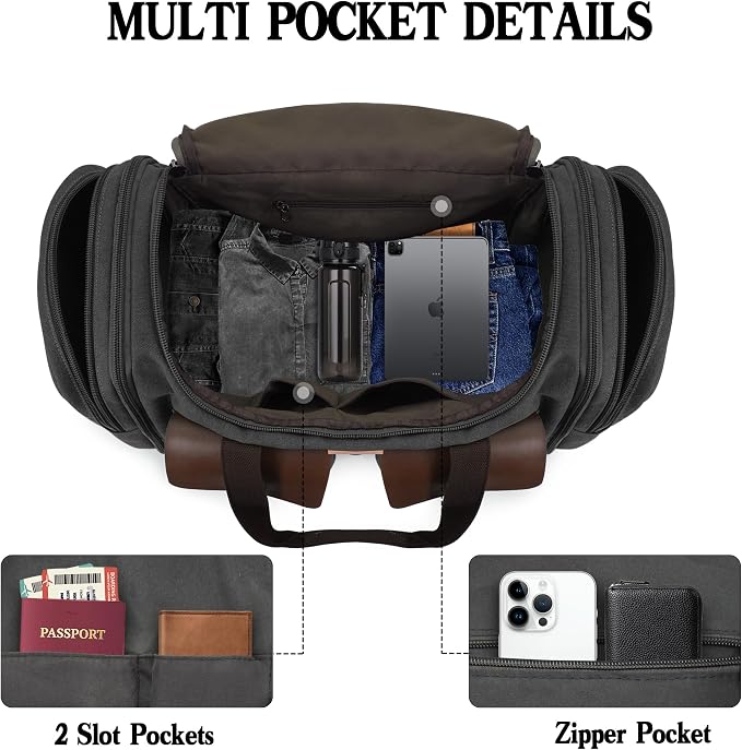 Canvas Duffle Bag for Men 50L Travel Duffel Bags Expandable Genuine Leather - Image 4