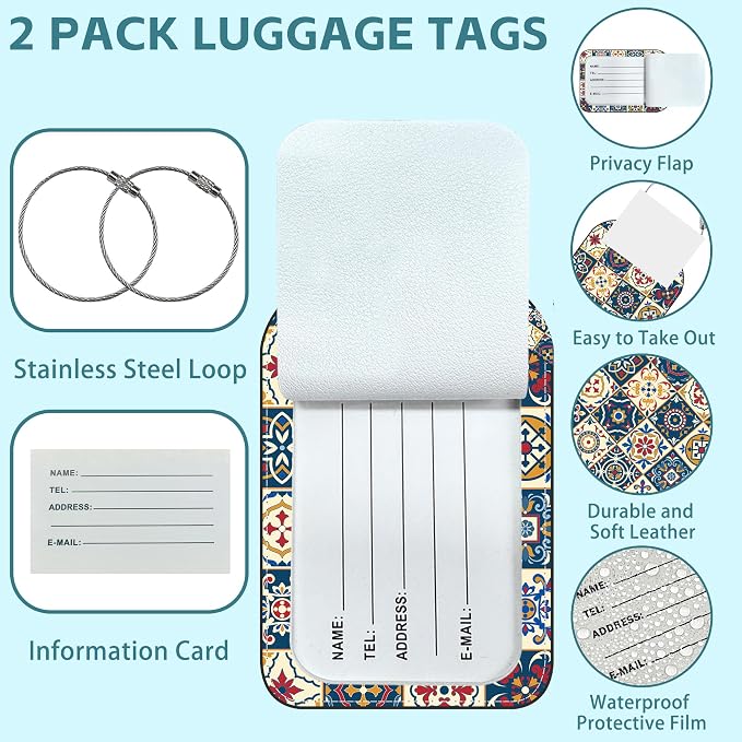 2 Pack Cute Luggage Tag for Suitcases Portuguese Tiles Leather Luggage Tags - Image 2