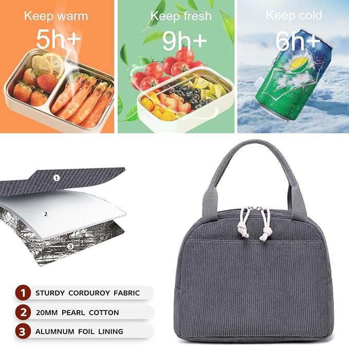 Bluboon Lunch Bag for Women Men Cute Corduroy Lunch Tote Bags Reusable - Image 7