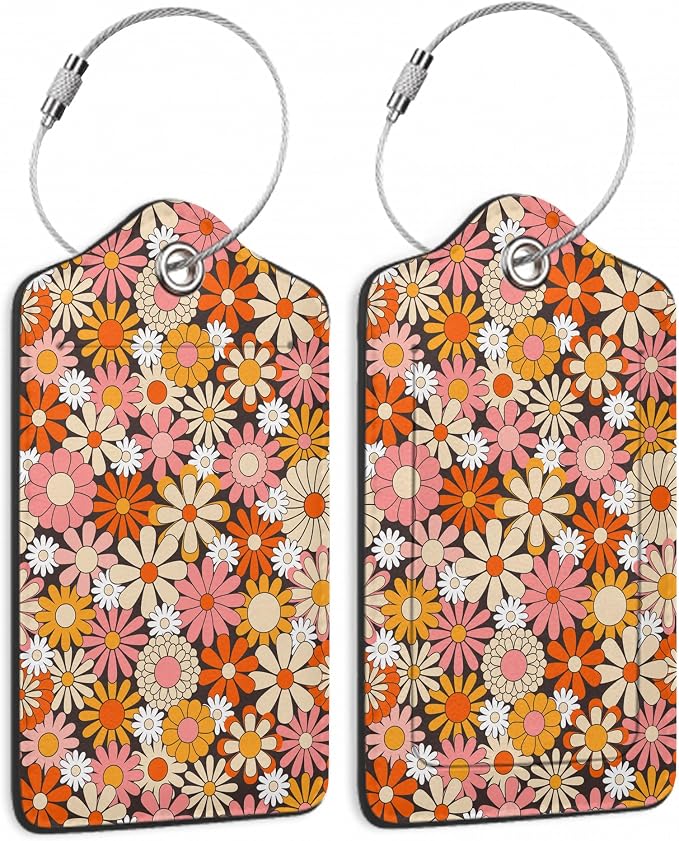 2 Pack Luggage Tag for Suitcase, Vintage Groovy Flowers Leather Suitcase Tags by TXIANT