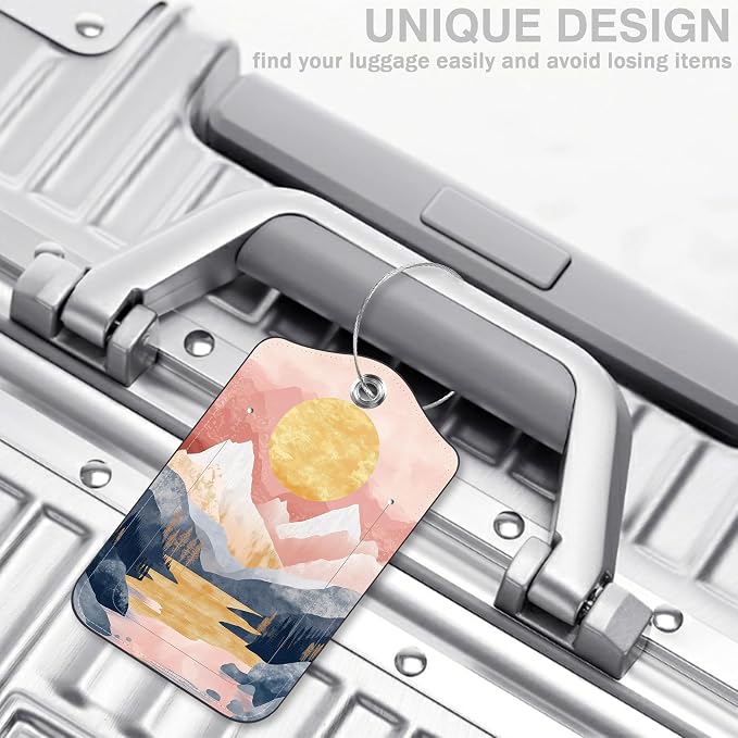 2 Pack Luggage Tags for Suitcases Abstract Pink Mountain Sun Landscape Leather - Image 5