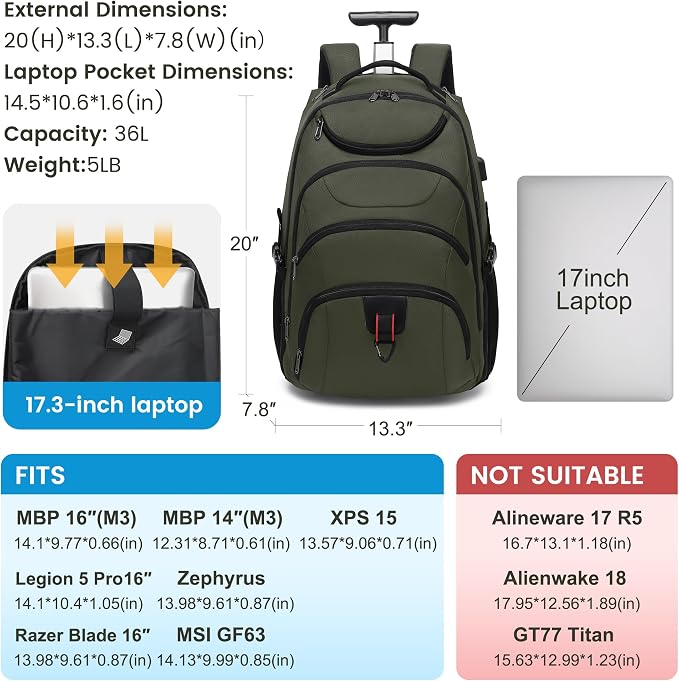Boavan Rolling Backpack, 17 inch Water Resistant Wheeled Backpack, Carry on - Image 2