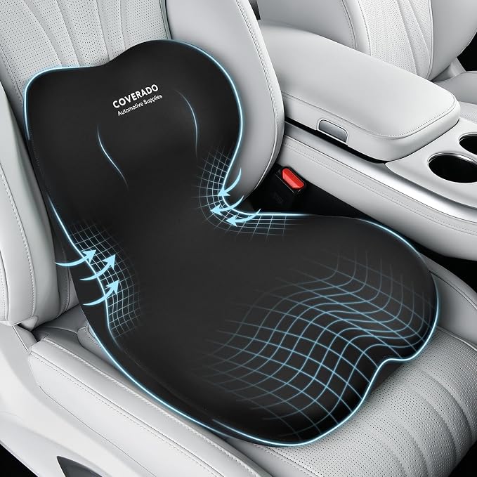 Coverado Car Seat Cushion and Lumbar Support Pillow One Piece, Memory Foam by COVERADOAUTO