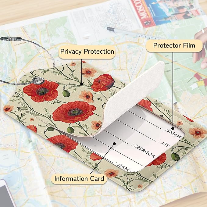 3 PCS Red Poppy Flower Luggage Tags, Suitcase Tags Privacy Cover ID Label - Image 4