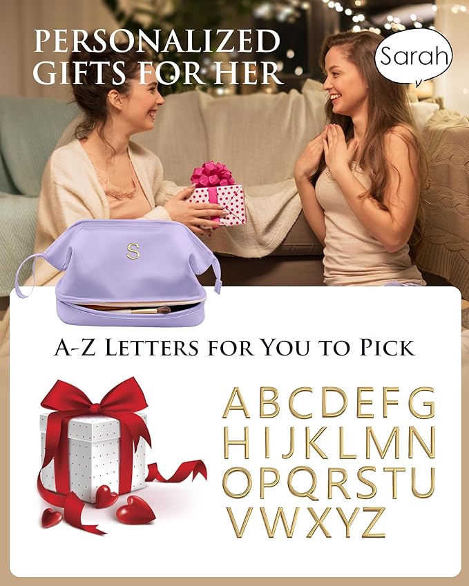Gifts for Her: Initial Large Makeup Bags, Personalized Double Layer Cosmetic - Image 6