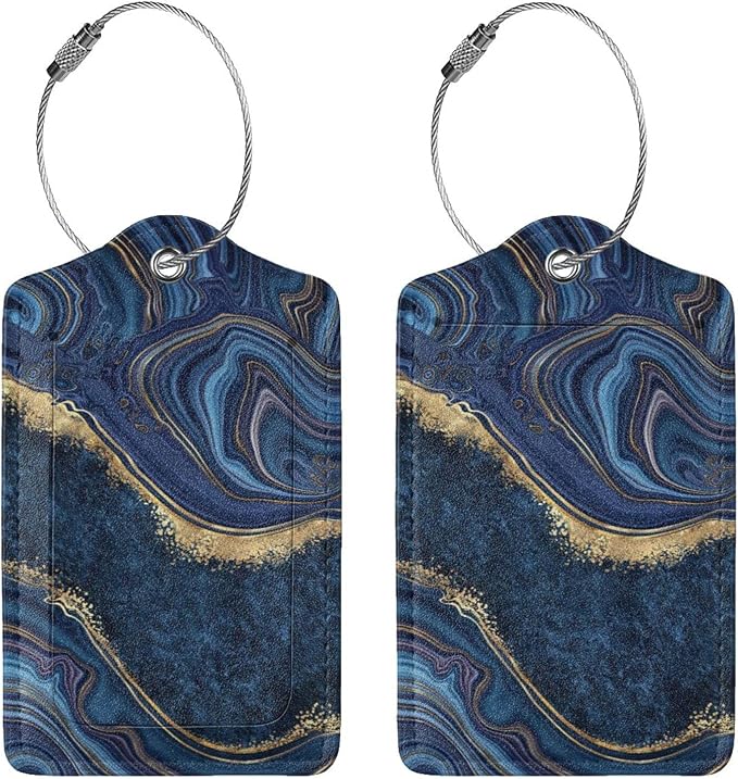 2PC Dark Blue Marble Luggage Tags Leather Suitcase Tag Privacy Name ID Card - Image 3
