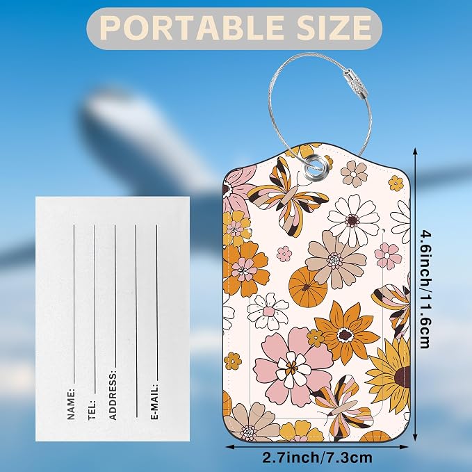2 Pack Luggage Tags for Suitcases Retro Groovy Flowers and Butterfly Leather - Image 2