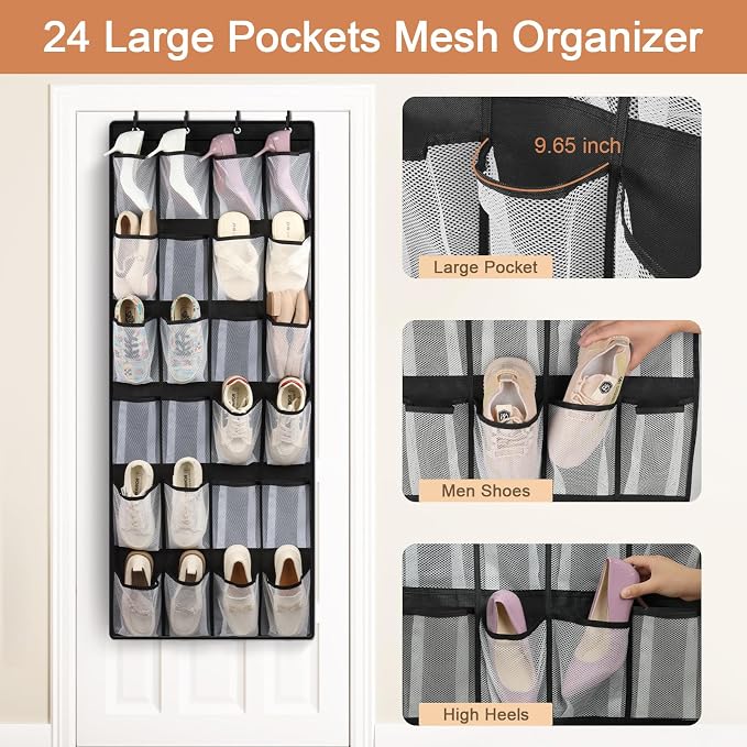 FENTEC 2 Pack Large Over The Door Shoe Organizer, 24 Pockets Mesh Hanging Shoe - Image 6